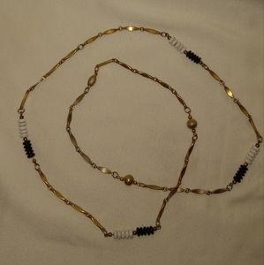Long Goldtone Necklace with Black and White Glass Beads Vintage